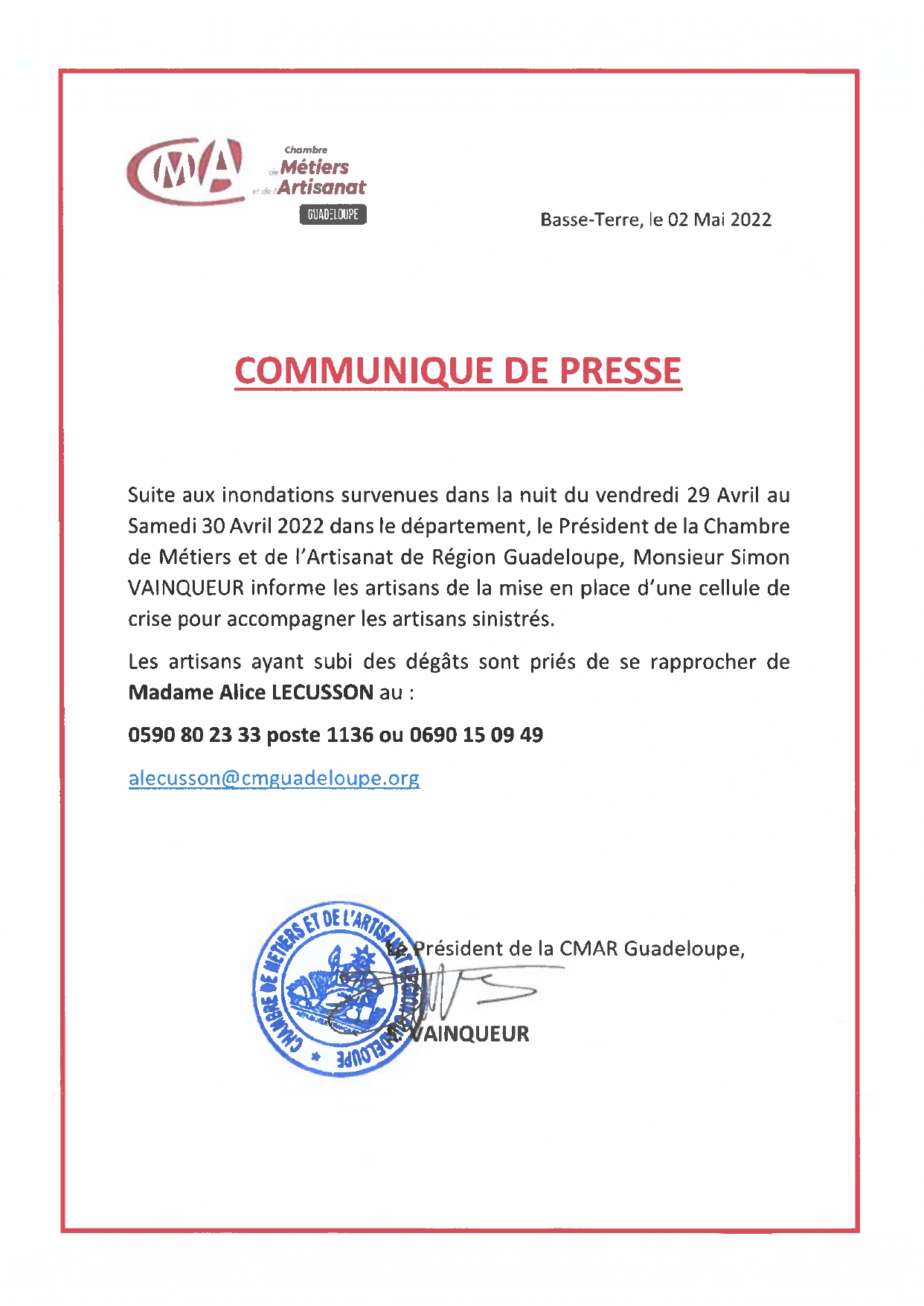 La CMAR Guadeloupe soutient les Artisans sinistrés !!!